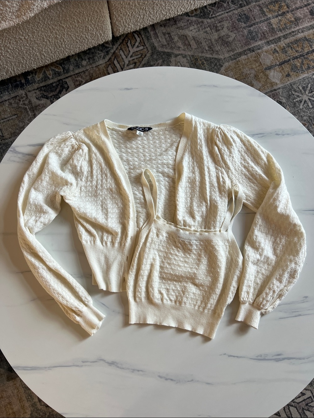 Studio 19 Cream Textured Knit Wrap Sweater and Tank Top Set